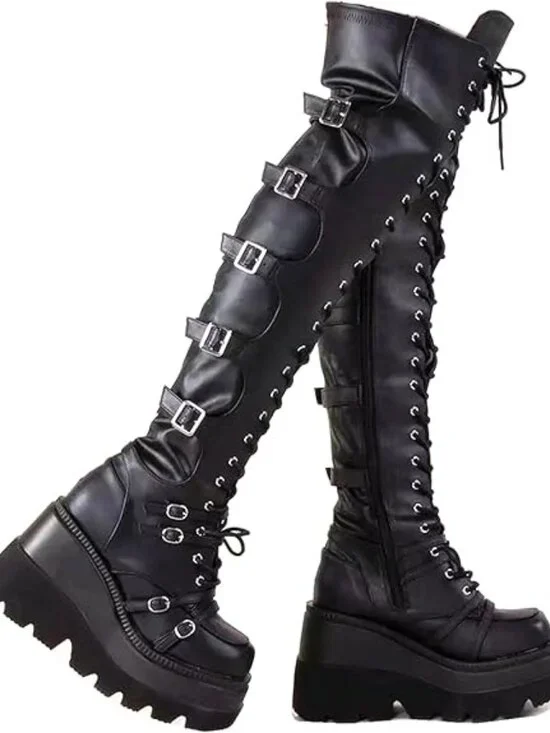 Women Black Faux Leather Over Knee Thigh Goth Buckles Side Zip Lace Boots 5.5-10 - Picture 2 of 8